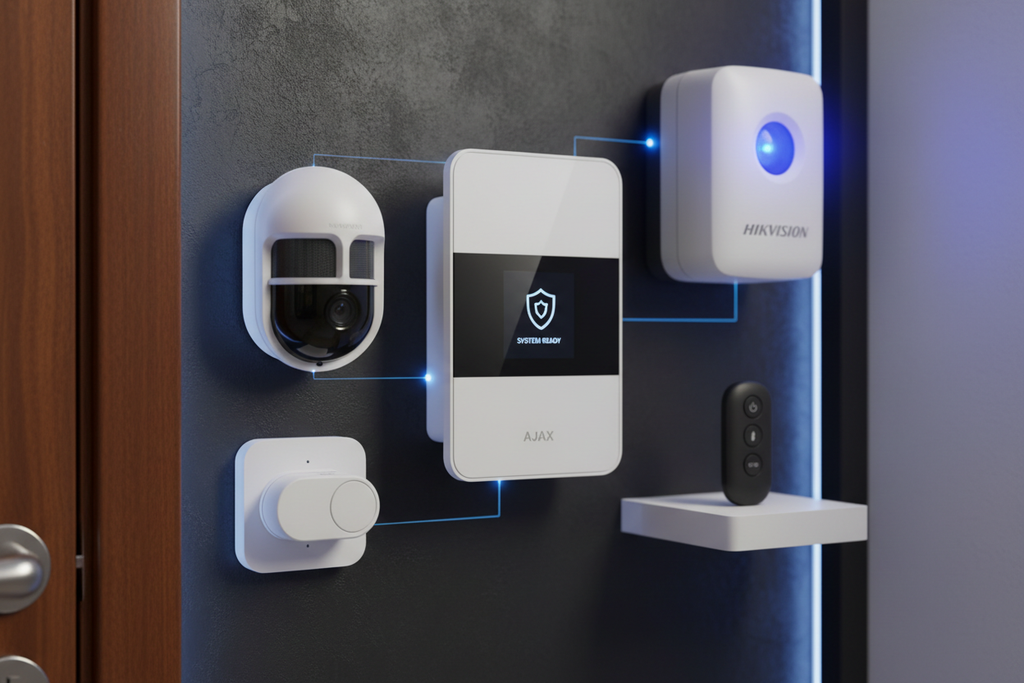 Wireless alarm system components including hub, PIR sensors, door contact, key fobs and external siren