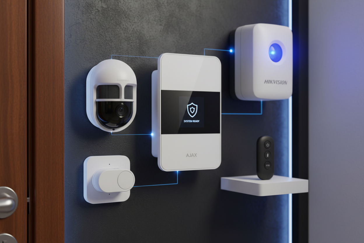Wireless alarm system components including hub, PIR sensors, door contact, key fobs and external siren